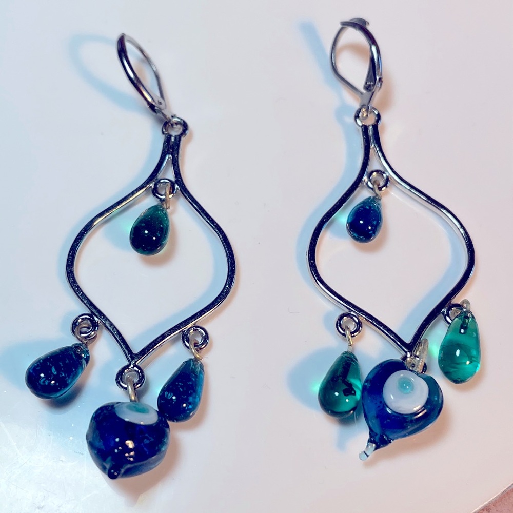 Evil Eye Teal Chandelier Earrings